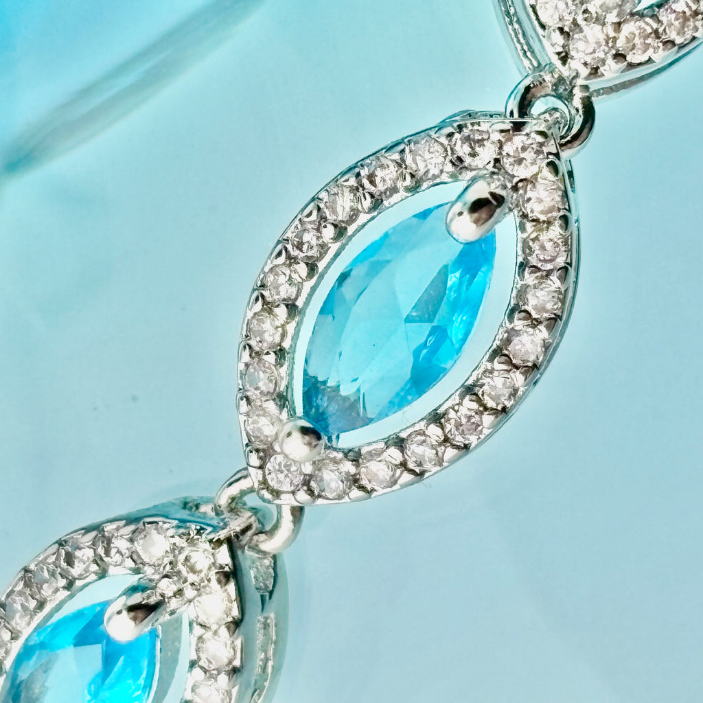 Aquamarine Blue Marquise Halo Tennis Bracelet with Box Clasp