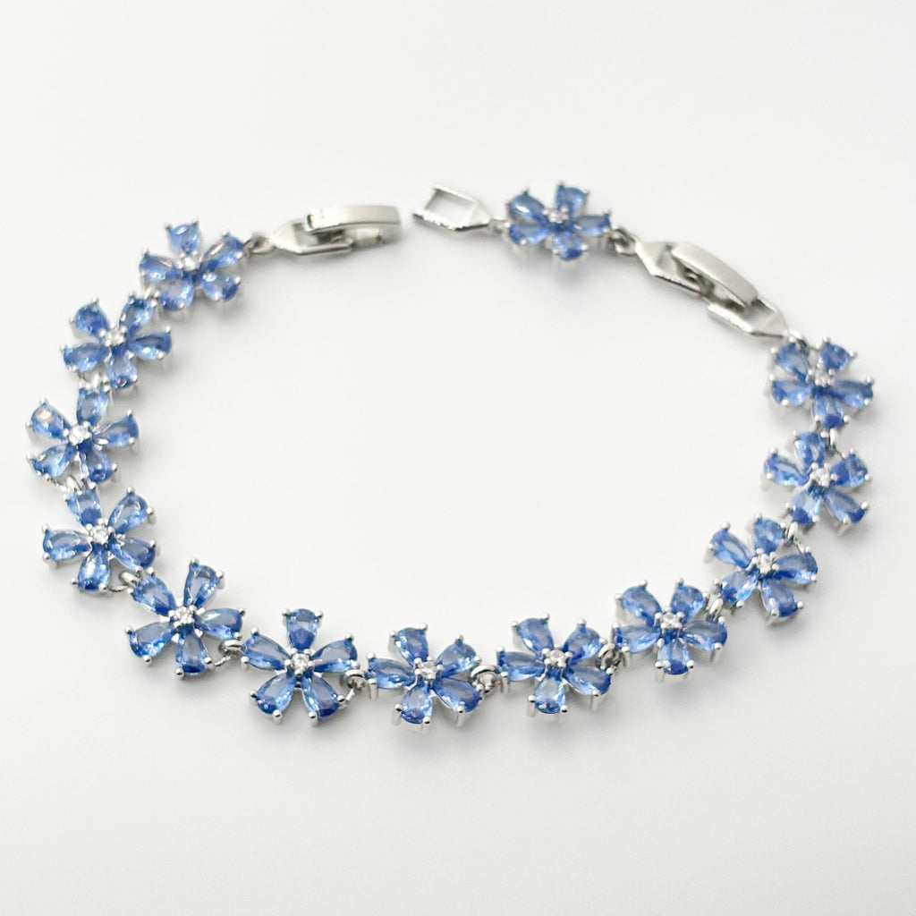 Blue Floral Bracelet with Pear-Cut Stones & Round CZ Center Stone