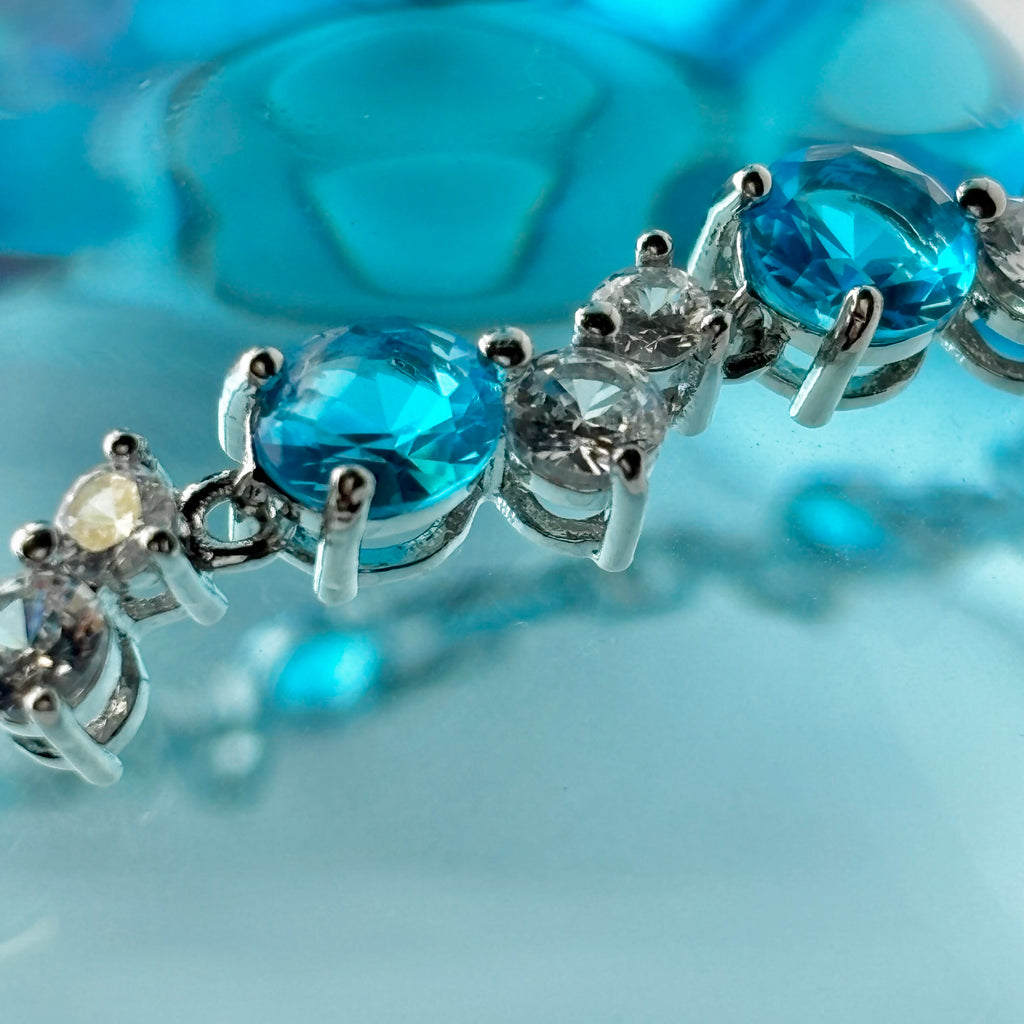 Blue Round Stone Cluster Tennis Bracelet with Clear Cubic Zirconia