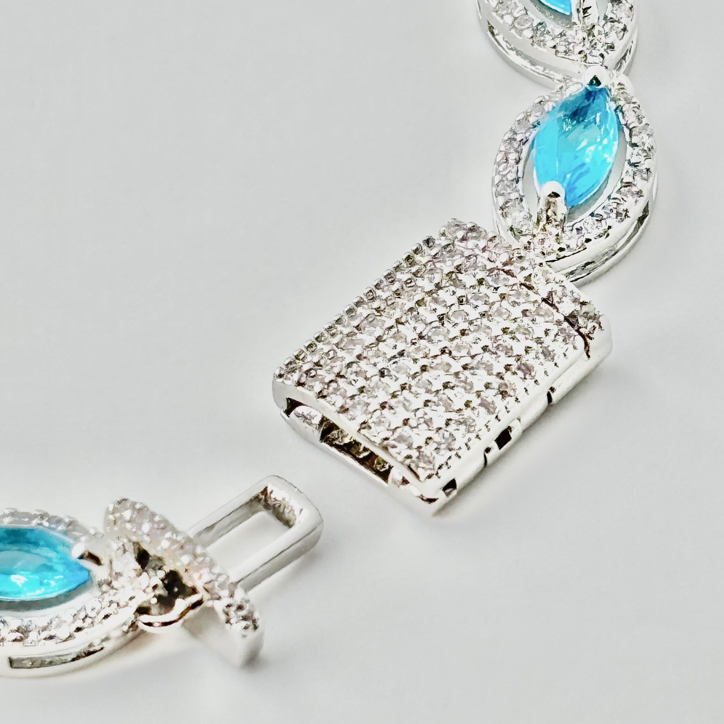 Aquamarine Blue Marquise Halo Tennis Bracelet with Box Clasp