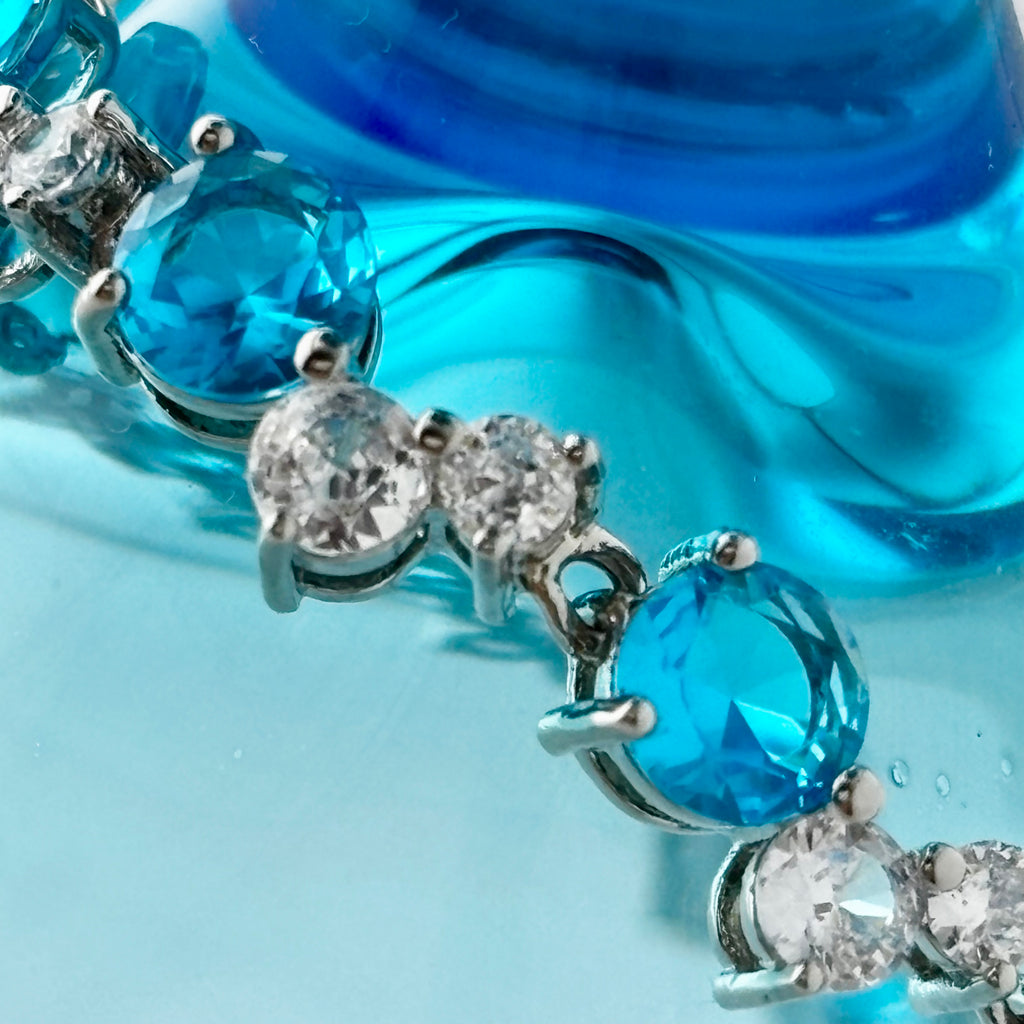 Blue Round Stone Cluster Tennis Bracelet with Clear Cubic Zirconia