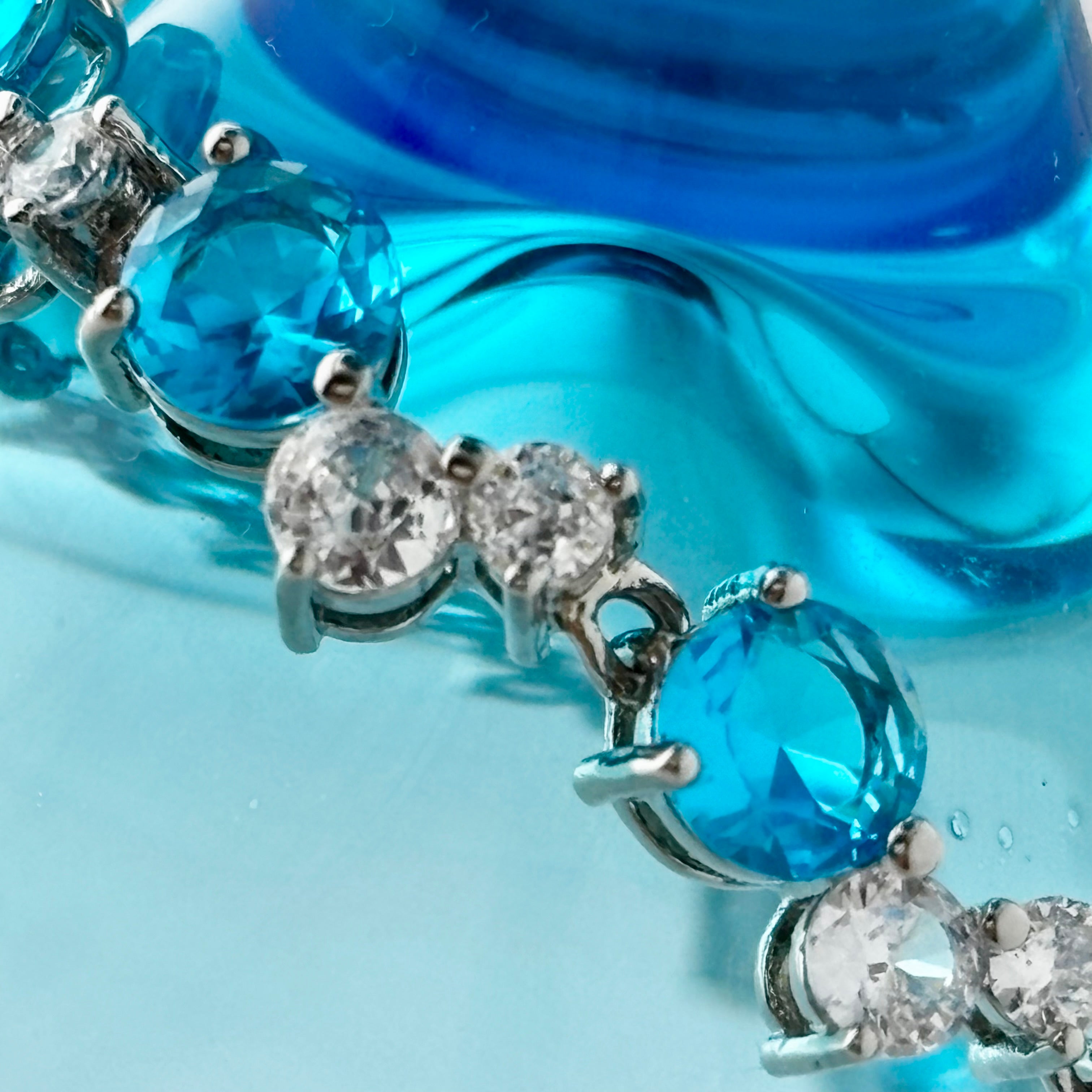 Blue Round Stone Cluster Tennis Bracelet with Clear Cubic Zirconia