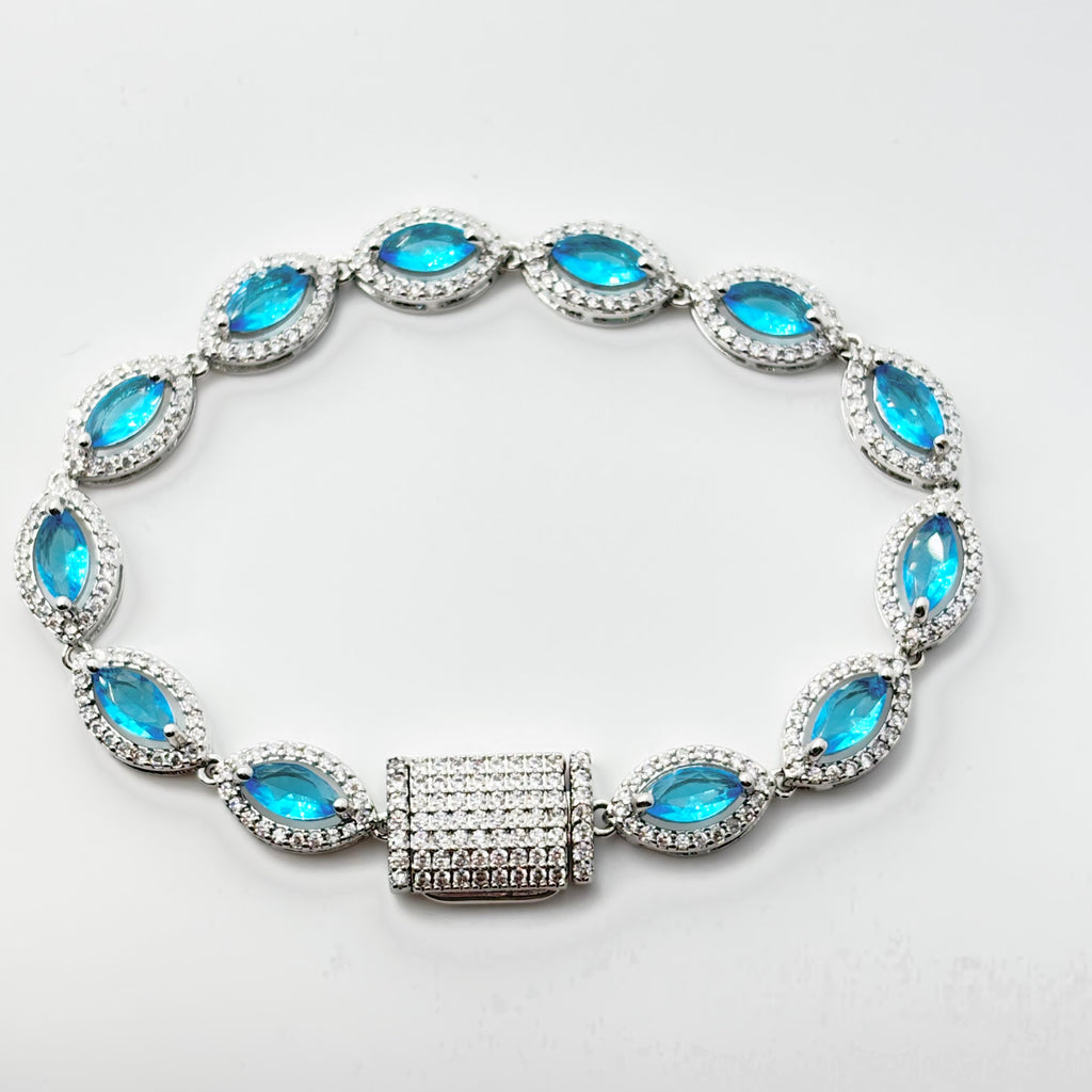 Aquamarine Blue Marquise Halo Tennis Bracelet with Box Clasp