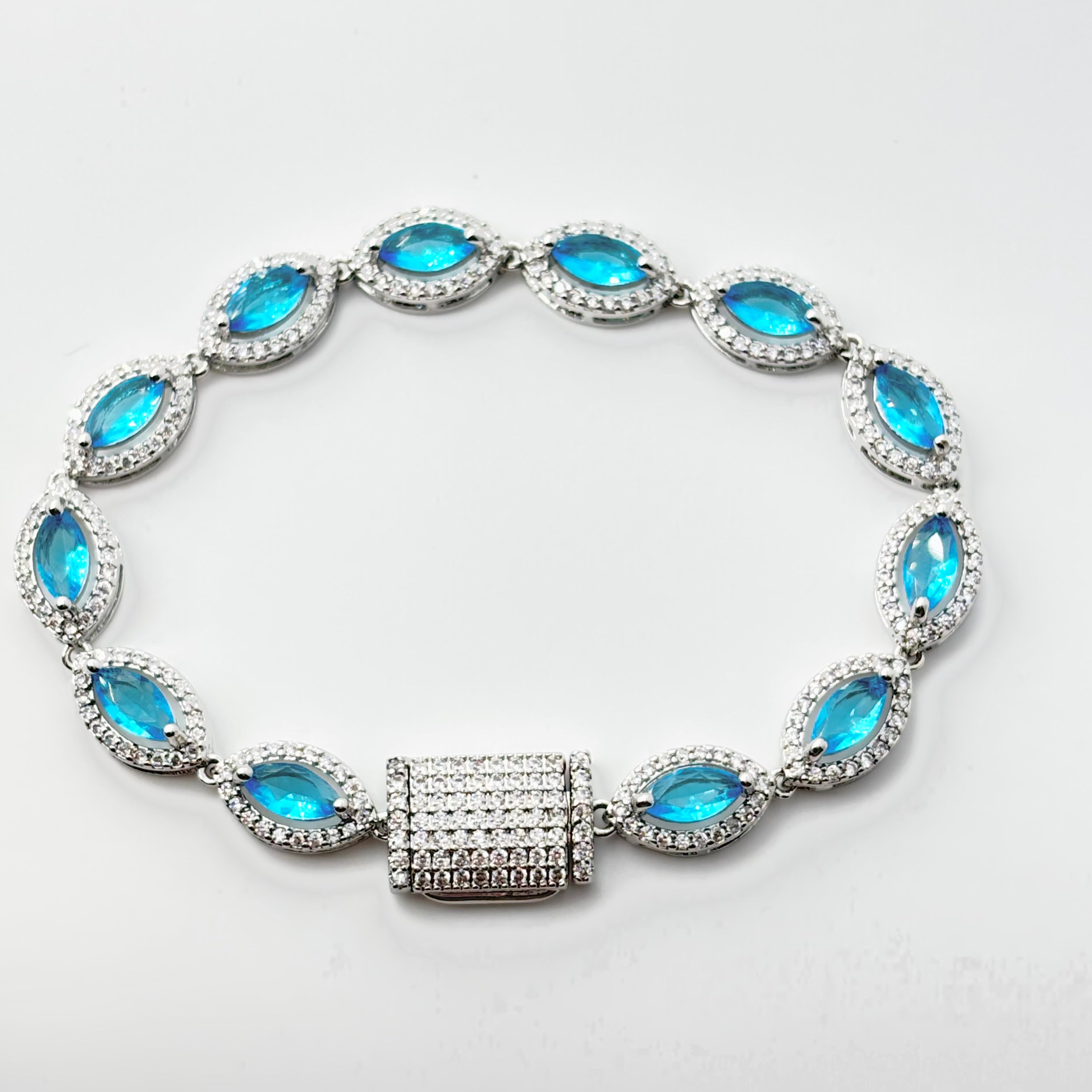 Aquamarine Blue Marquise Halo Tennis Bracelet with Box Clasp