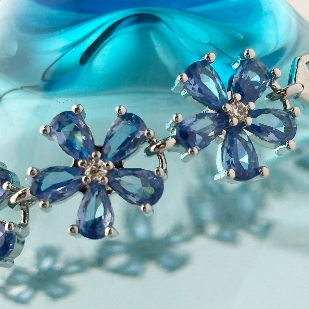 Blue Floral Bracelet with Pear-Cut Stones & Round CZ Center Stone