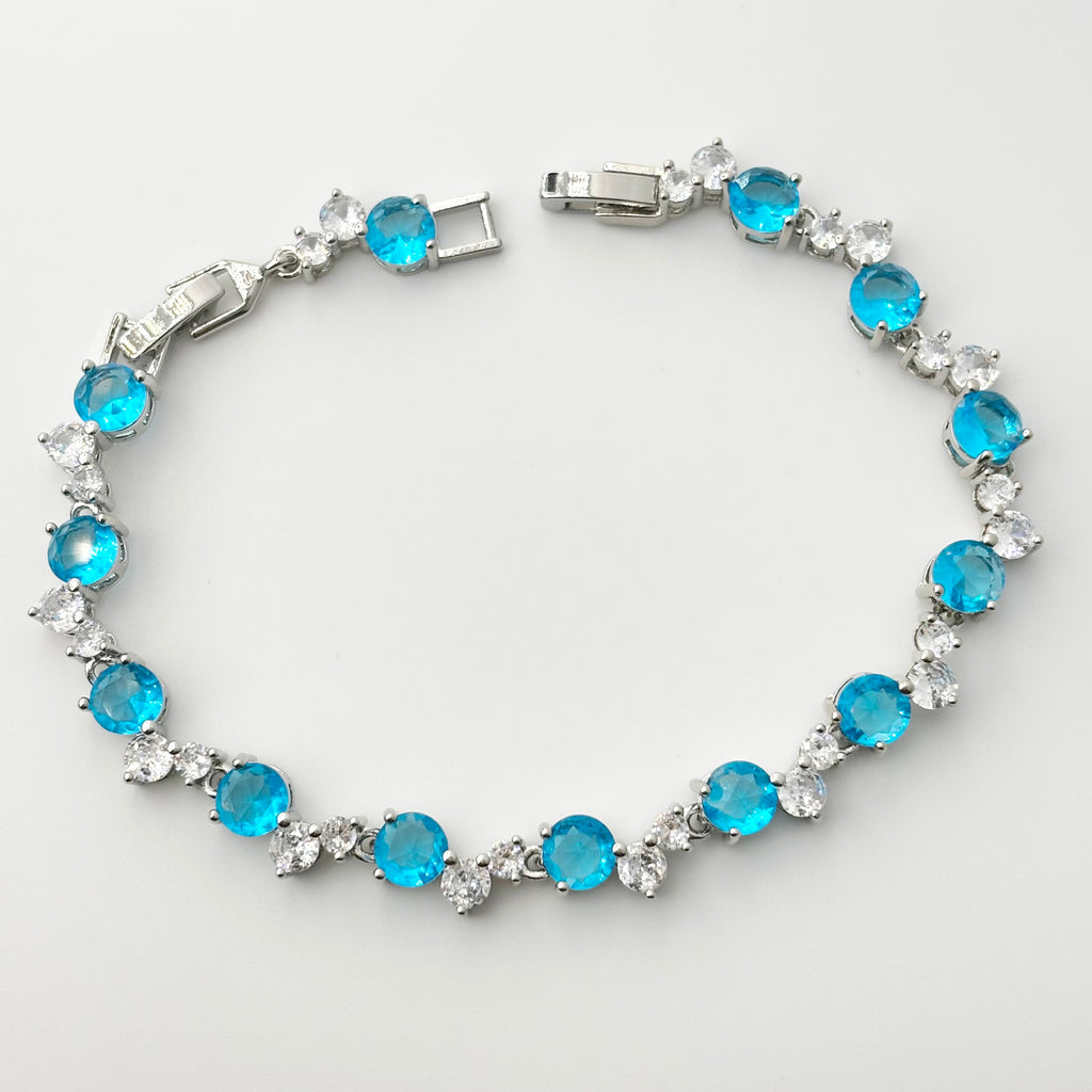 Blue Round Stone Cluster Tennis Bracelet with Clear Cubic Zirconia