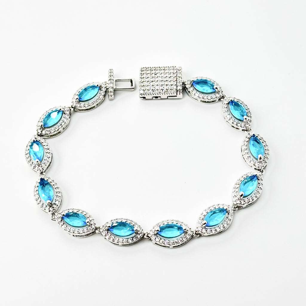 Aquamarine Blue Marquise Halo Tennis Bracelet with Box Clasp