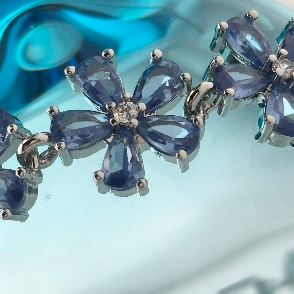 Blue Floral Bracelet with Pear-Cut Stones & Round CZ Center Stone