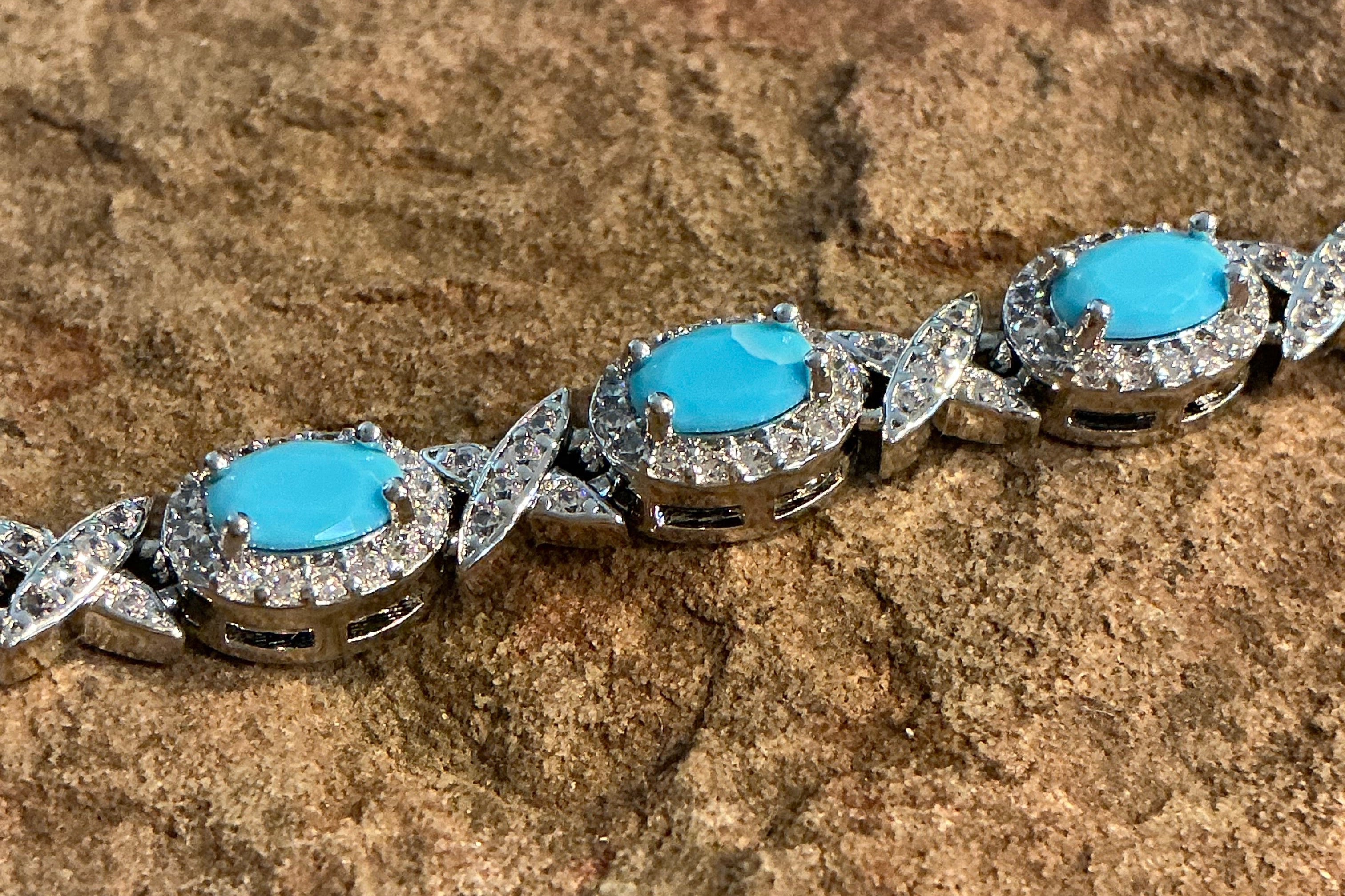 Turquoise Blue Oval Cut Link Tennis Bracelet with Cubic Zirconia